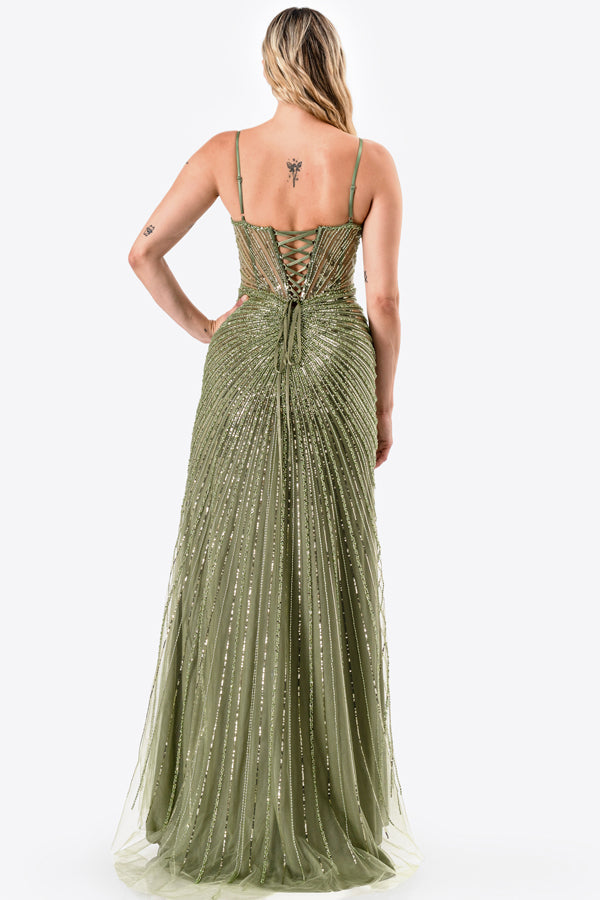 Sunburst Crystal beaded Vneck corset mermaid dress