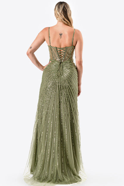 Sunburst Crystal beaded Vneck corset mermaid dress