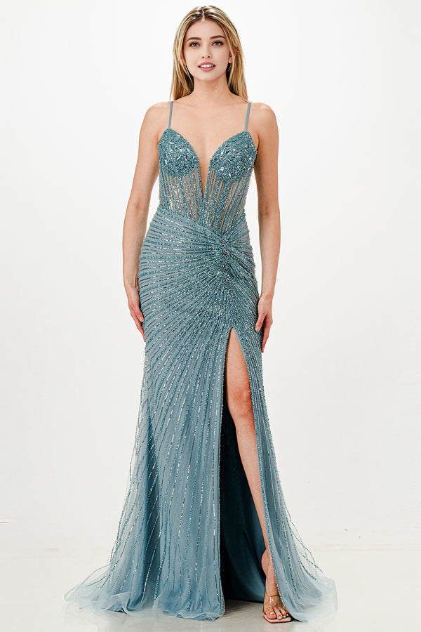 Sunburst Crystal beaded Vneck corset mermaid dress