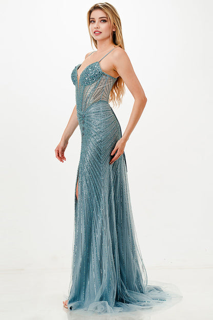 Sunburst Crystal beaded Vneck corset mermaid dress