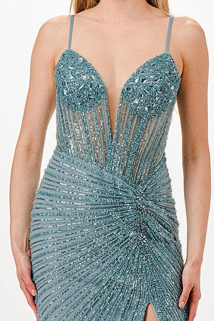 Sunburst Crystal beaded Vneck corset mermaid dress