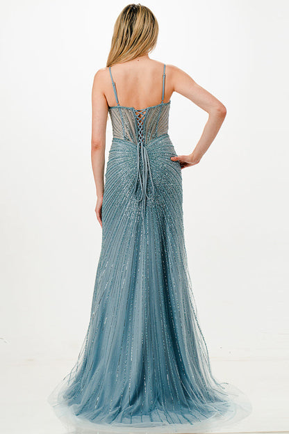 Sunburst Crystal beaded Vneck corset mermaid dress
