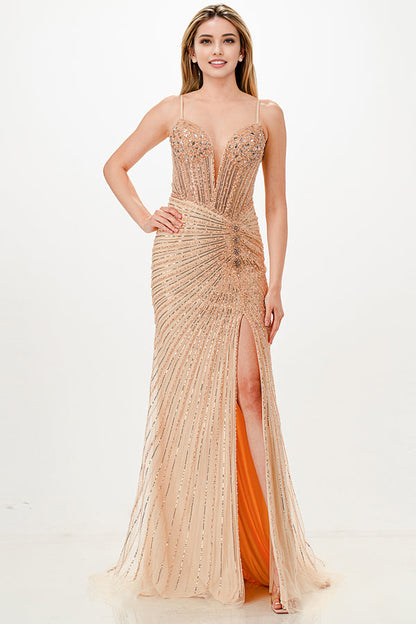 Sunburst Crystal beaded Vneck corset mermaid dress