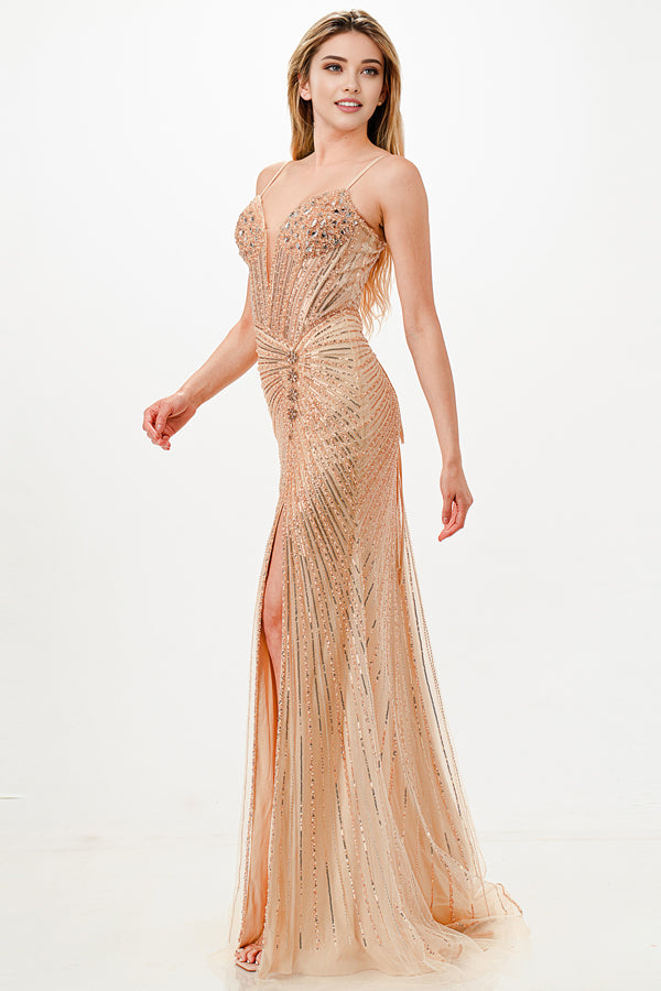 Sunburst Crystal beaded Vneck corset mermaid dress