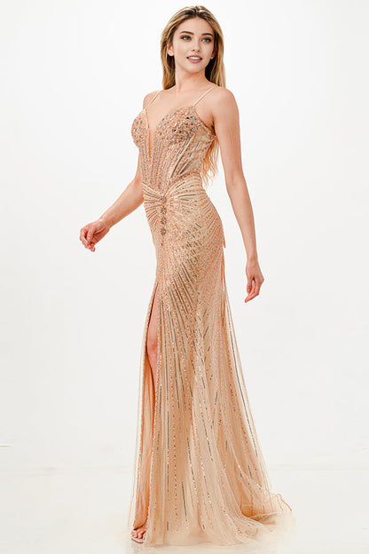 Sunburst Crystal beaded Vneck corset mermaid dress