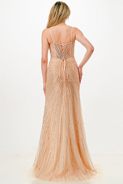 Sunburst Crystal beaded Vneck corset mermaid dress
