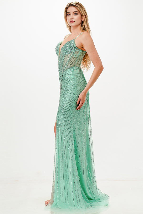 Sunburst Crystal beaded Vneck corset mermaid dress