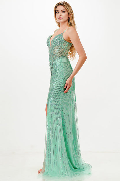Sunburst Crystal beaded Vneck corset mermaid dress