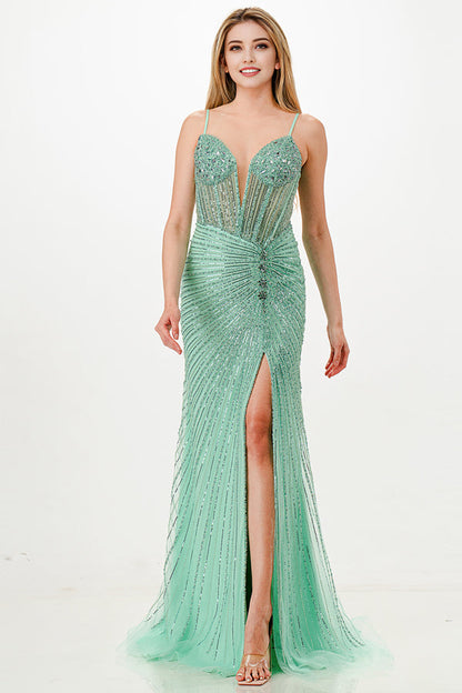 Sunburst Crystal beaded Vneck corset mermaid dress