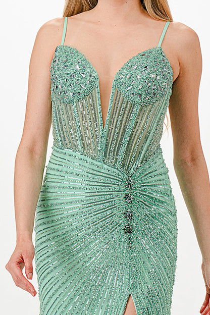 Sunburst Crystal beaded Vneck corset mermaid dress