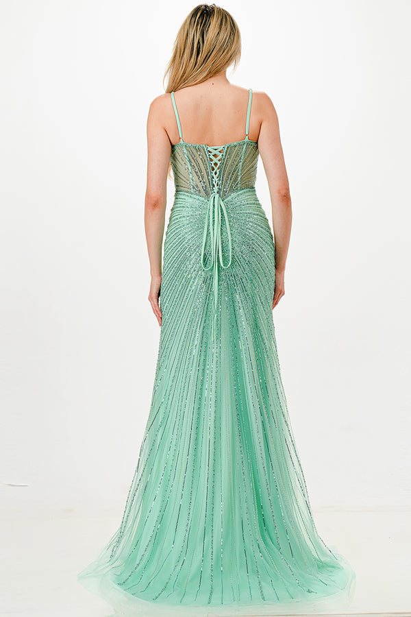Sunburst Crystal beaded Vneck corset mermaid dress