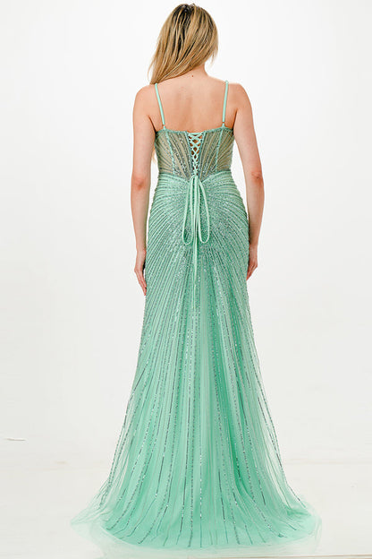 Sunburst Crystal beaded Vneck corset mermaid dress