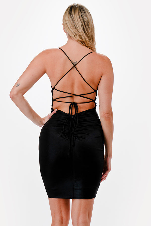 Foil Back lace up short dress with waist shirring
