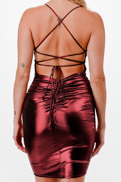 Foil Back lace up short dress with waist shirring