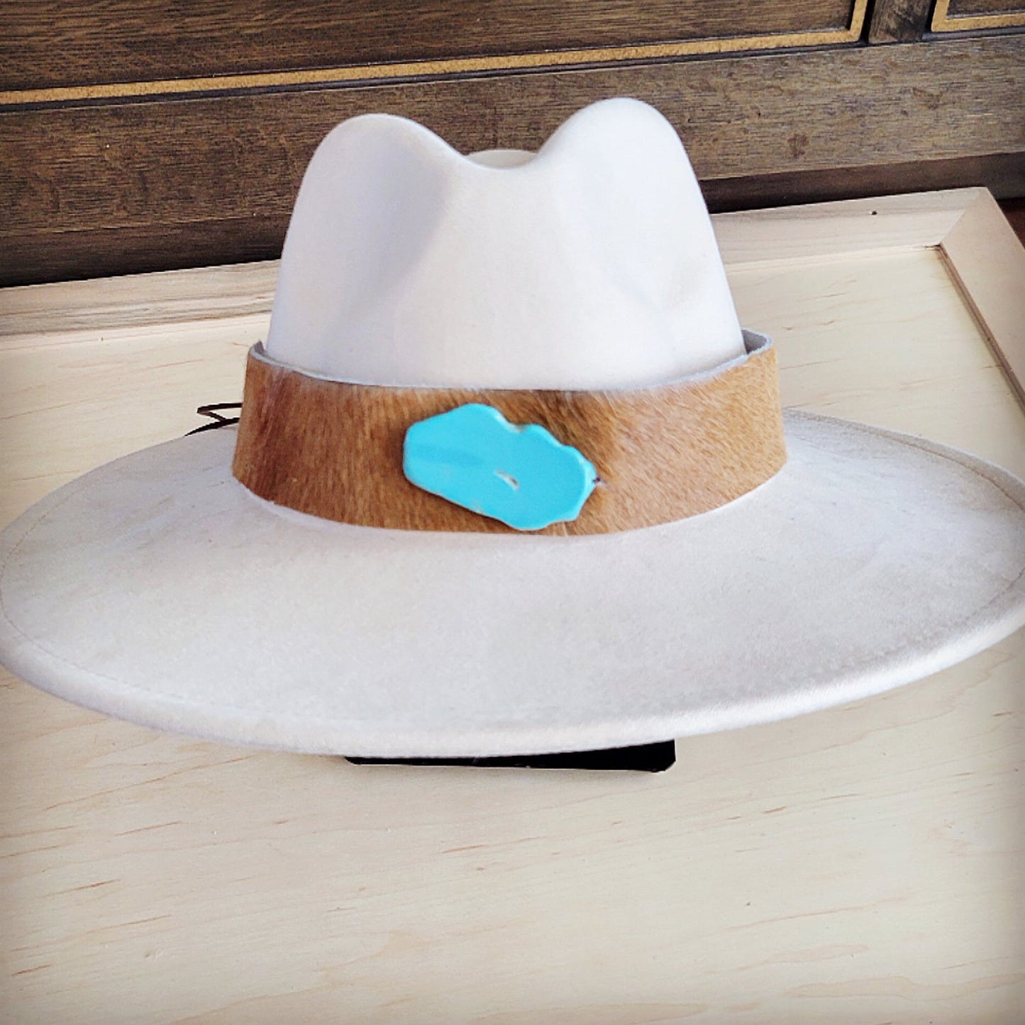Wide Leather Hair Hide Tan Hat Band w/ Turq 954a