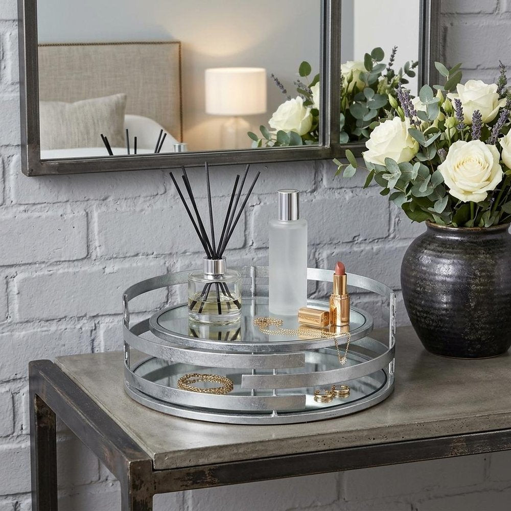 14" Silver Round Metal Geometric Vanity Tray