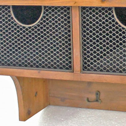 Brown Rustic Wooden Wall Shelf With 3 Drawers And Hooks