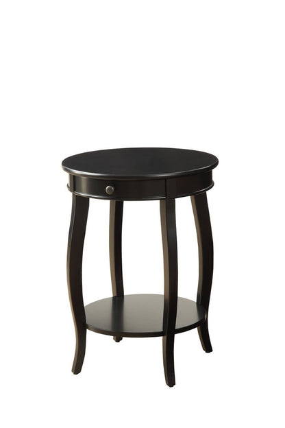 24" Black Wood Round End Table With Drawer And Shelf