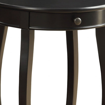 24" Black Wood Round End Table With Drawer And Shelf