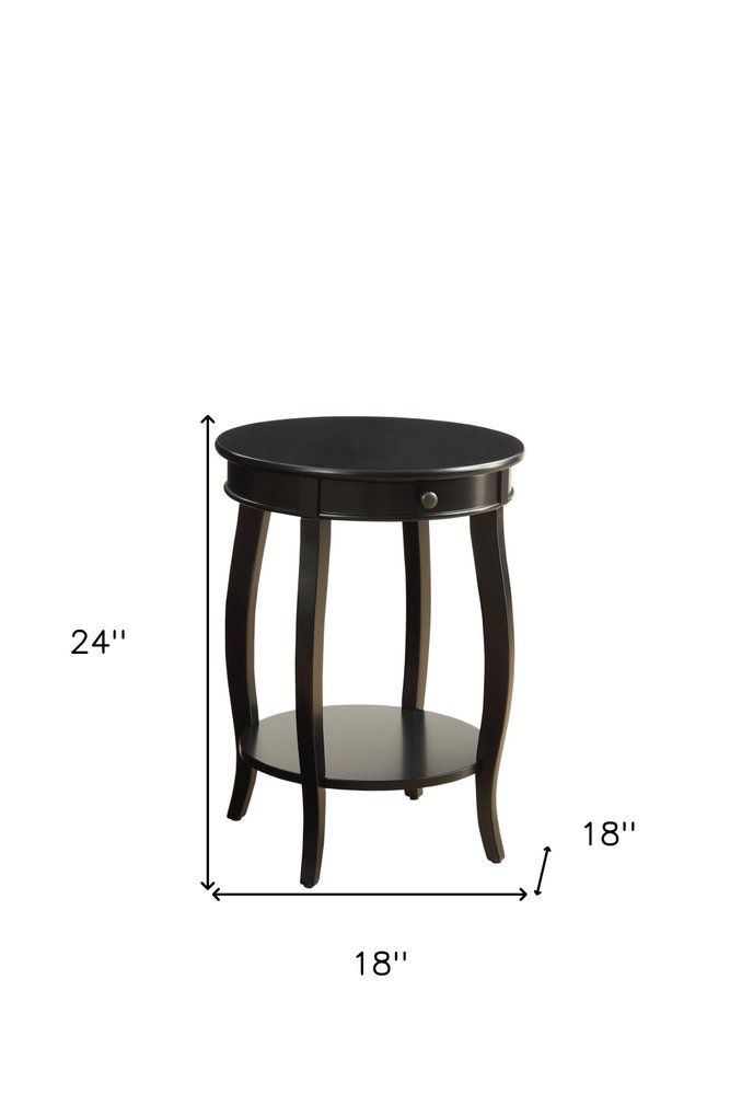 24" Black Wood Round End Table With Drawer And Shelf