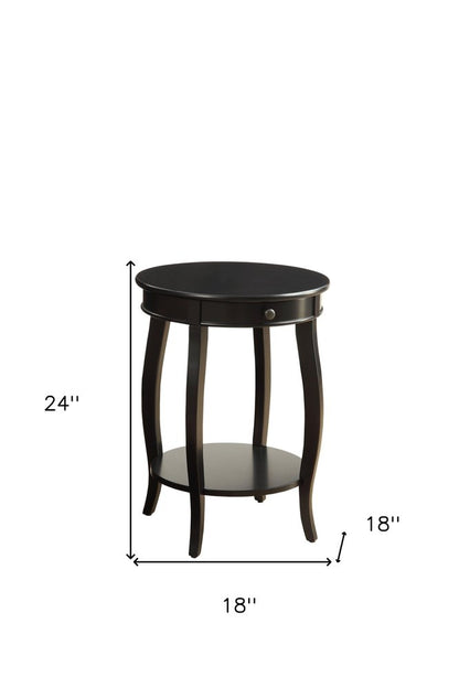 24" Black Wood Round End Table With Drawer And Shelf