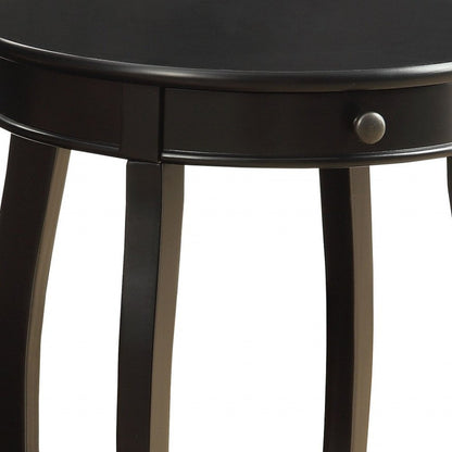 24" Black Wood Round End Table With Drawer And Shelf
