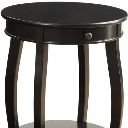 24" Black Wood Round End Table With Drawer And Shelf
