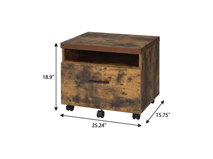 19" Brown And Black Rustic Wood Single Drawer Rolling Filing Cabinet