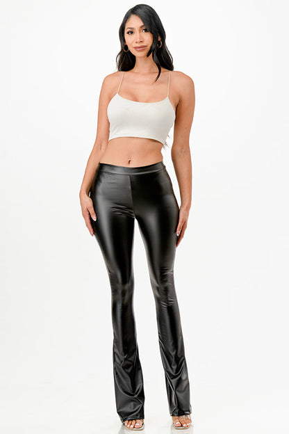 High waist PU leather fitted thighs bell bottom flare-leg pants