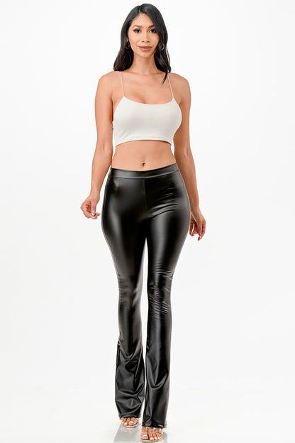 High waist PU leather fitted thighs bell bottom flare-leg pants