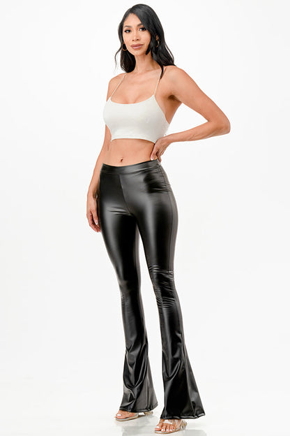 High waist PU leather fitted thighs bell bottom flare-leg pants