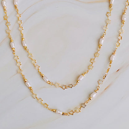 Mini Pearl Mini Star Long Chain Necklace