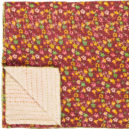 50" X 70" Maroon Yellow and Green Kantha Cotton Floral Throw Blanket with Embroidery