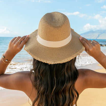 Fray Edge Ribbon Accent Panama Hat
