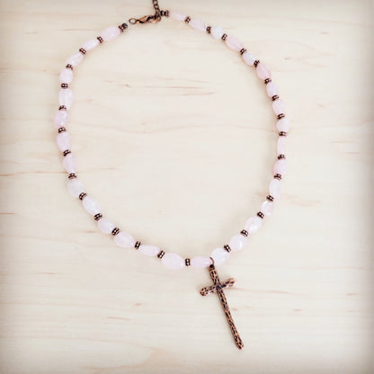 **Rose Quartz Collar Necklace w/ Copper Cross Pendant 263i