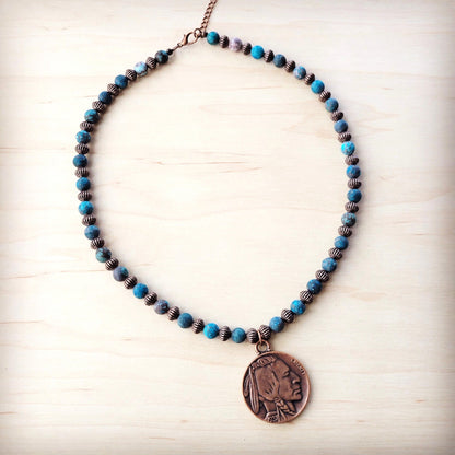 Natural American Turquoise Beaded Collar Necklace w/ Indian Head Pendant 262h