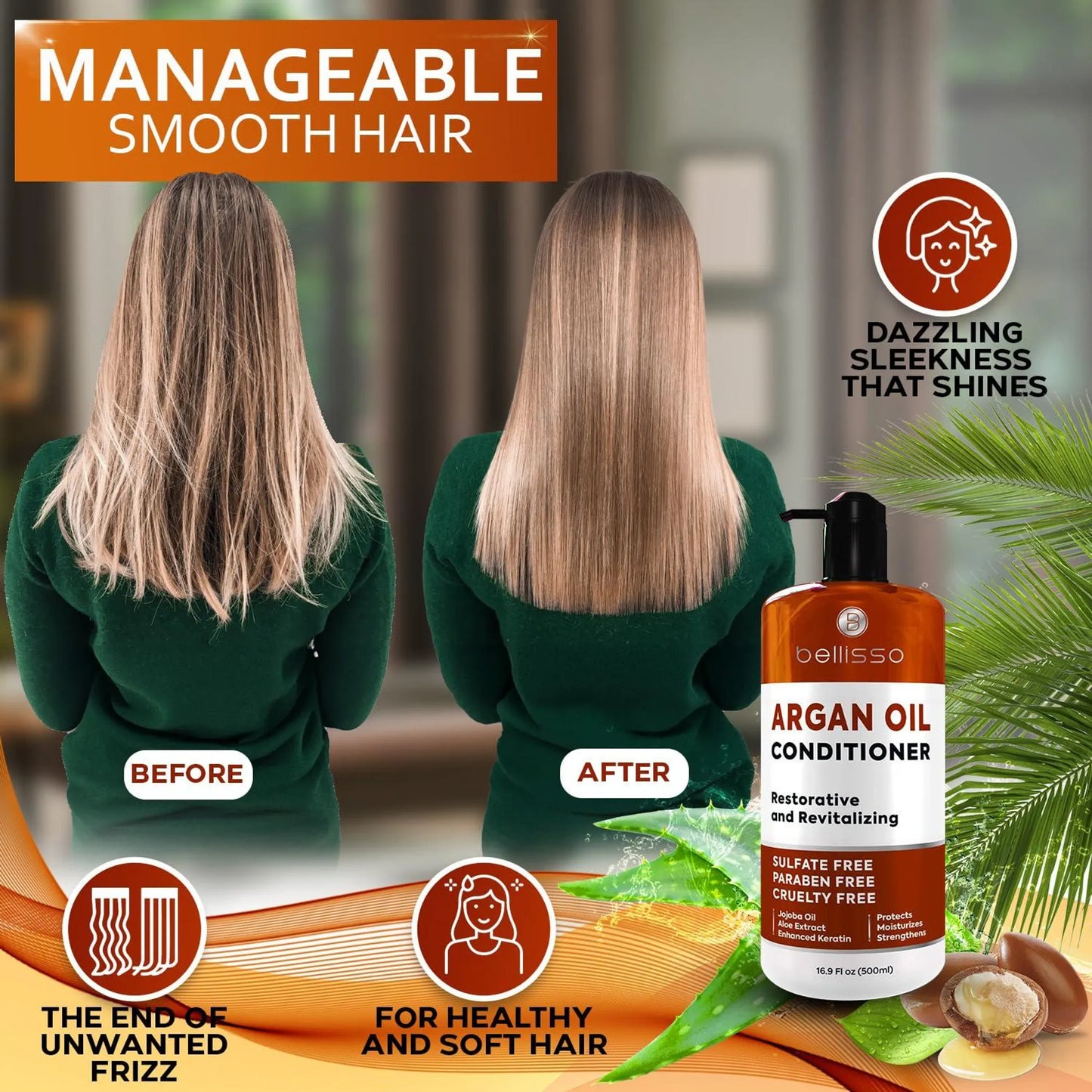 Argan Oil Conditioner Sulfate Free with No Parabens Moroccan Botanicals for Women and Men Professional Moisturizing Anti Frizz Hydrating Solution for