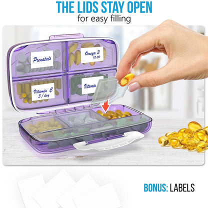 Pill Organizer Airtight Pill Box Large Pill Dispenser Home Travel Supplement Holder Portable Vitamin Sorter Jumbo Size 8 Compartment Airtight Vitamin