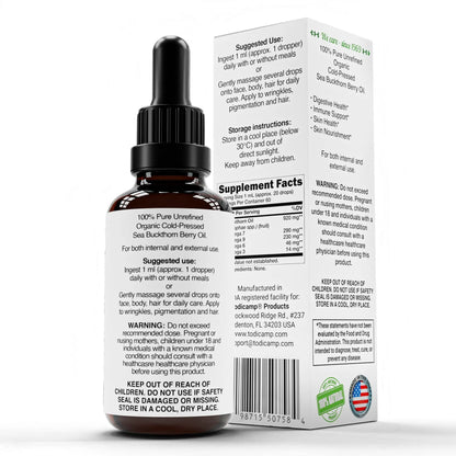 Organic Sea Buckthorn Oil 1 fl oz Cold Pressed Sea Buckthorn Berry Oil Seabuckthorn for Face Hair Body & Supplement