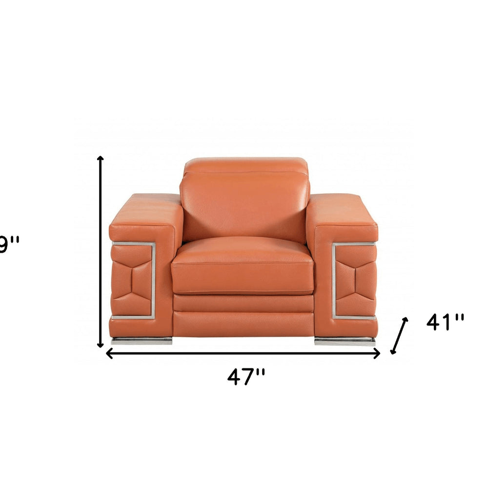 47" White And Silver Genuine Leather Arm Chair