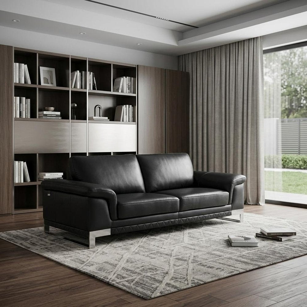 90" Light Gray Italian Leather Sofa With Silver Legs