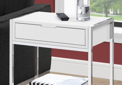 24" Silver And White Wood And Metal End Table With Drawer And Shelf