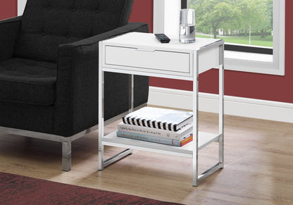 24" Silver And White Wood And Metal End Table With Drawer And Shelf