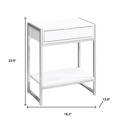 24" Silver And White Wood And Metal End Table With Drawer And Shelf