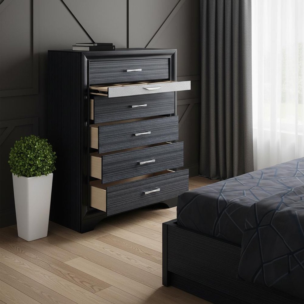 34" Black Solid Wood Six Drawer Chest