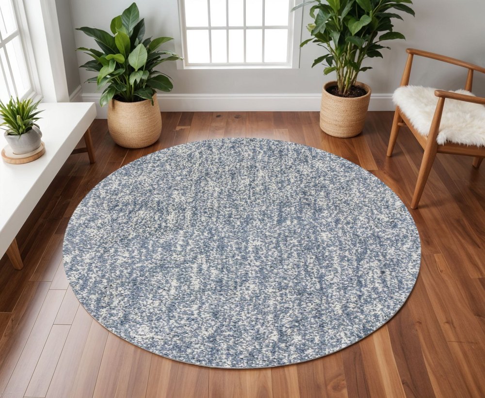 8' Slate Blue And Ivory Abstract Hand Woven Round Rug