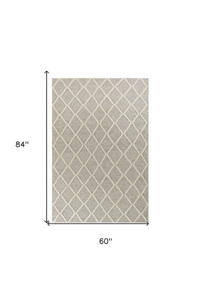 5' X 7' Gray And Ivory Wool Diamond Hand Woven Area Rug