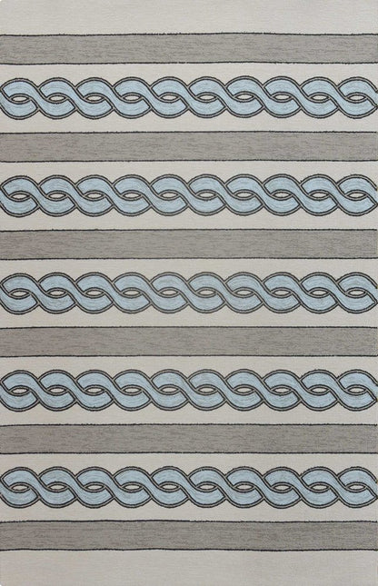 6' X 9' Ivory Light Blue And Gray Geometric Hand Hooked Area Rug