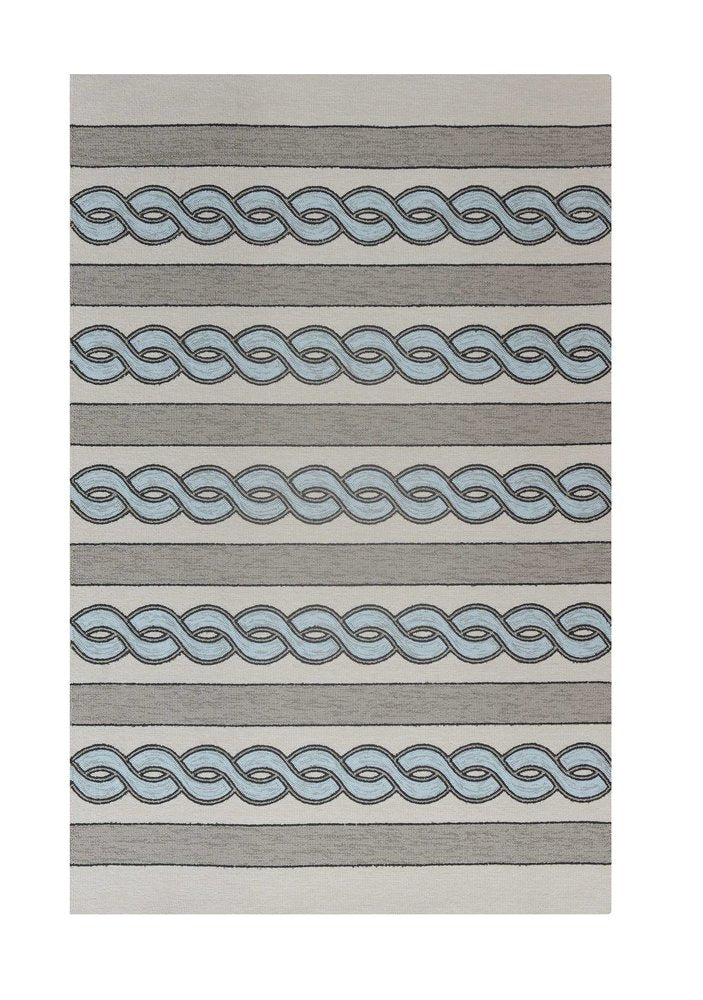 6' X 9' Ivory Light Blue And Gray Geometric Hand Hooked Area Rug