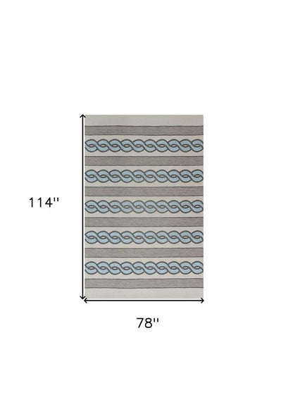 6' X 9' Ivory Light Blue And Gray Geometric Hand Hooked Area Rug